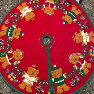 Festive Red Christmas Tree Skirt with Teddy Bears